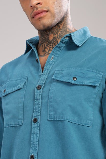 Teal Blue Cotton Shirt | Dual Pocket | Regular Fit