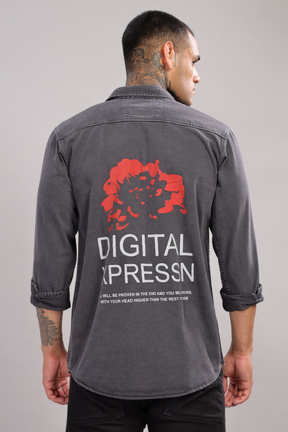 Casual Button Down Shirt with Back side Printed | Dark Grey