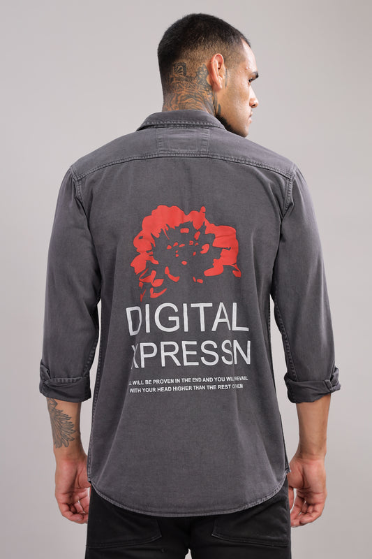 Casual Button Down Shirt with Back side Printed | Dark Grey
