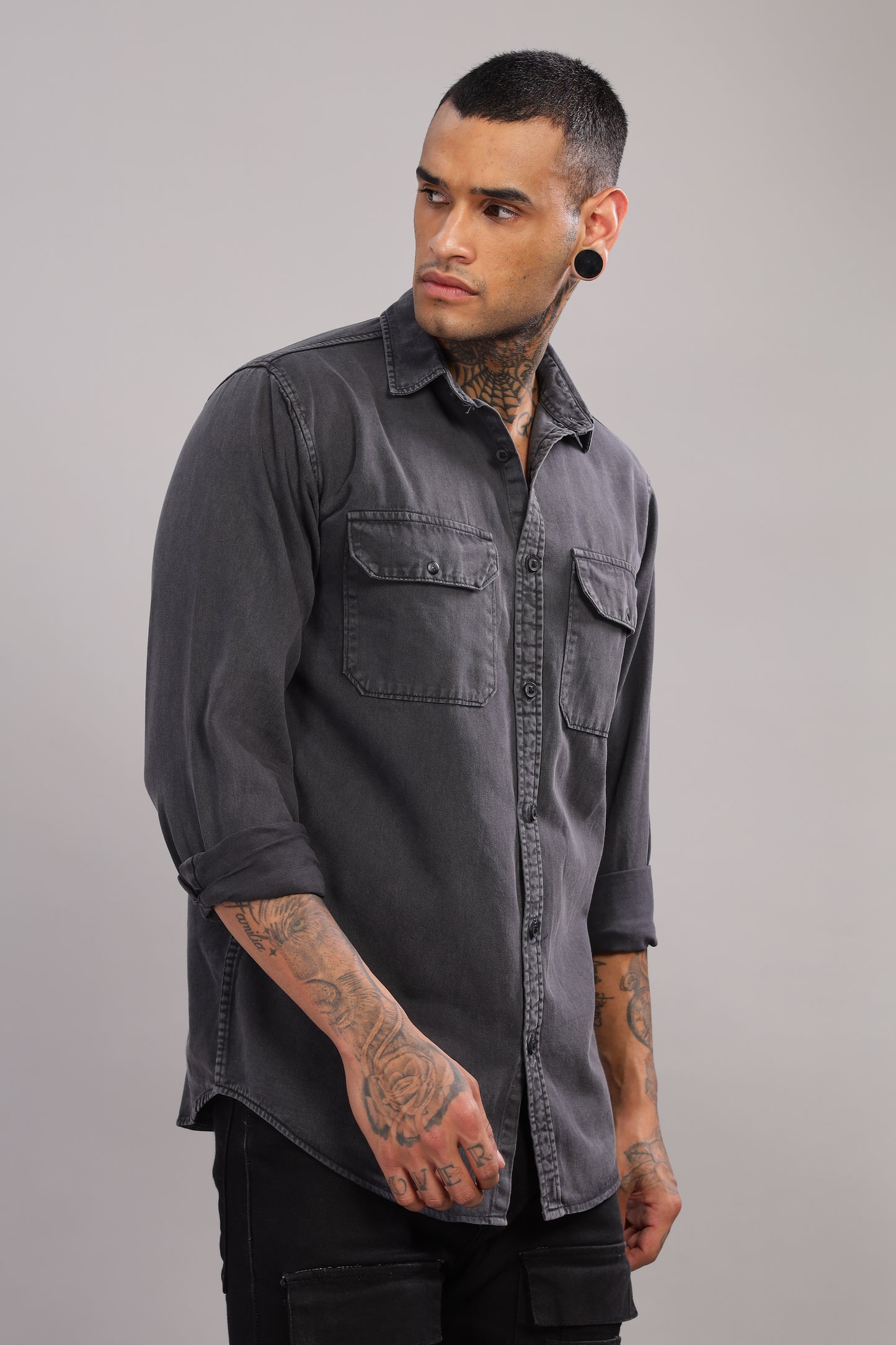 Casual Button Down Shirt with Back side Printed | Dark Grey