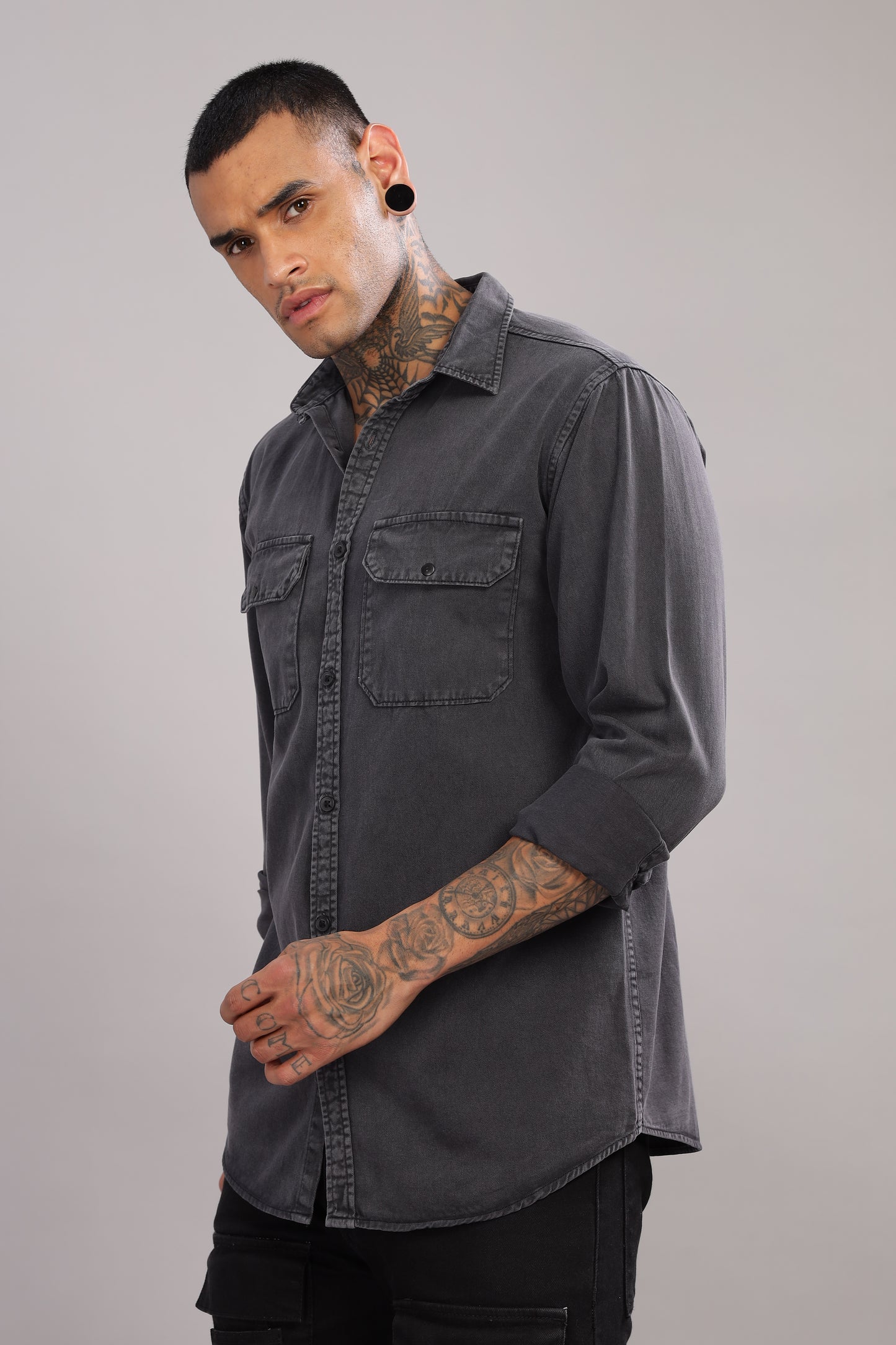 Casual Button Down Shirt with Back side Printed | Dark Grey