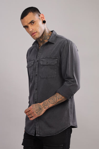 Casual Button Down Shirt with Back side Printed | Dark Grey