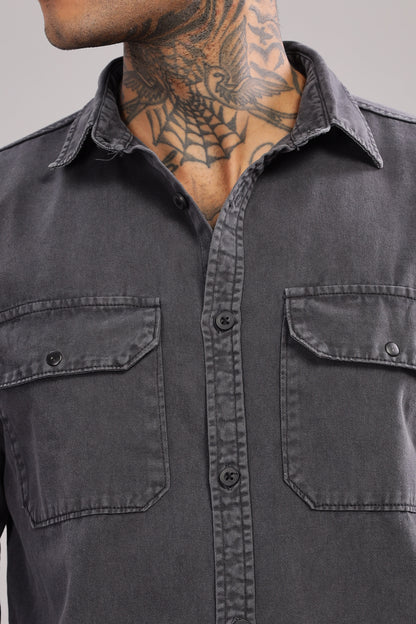 Casual Button Down Shirt with Back side Printed | Dark Grey