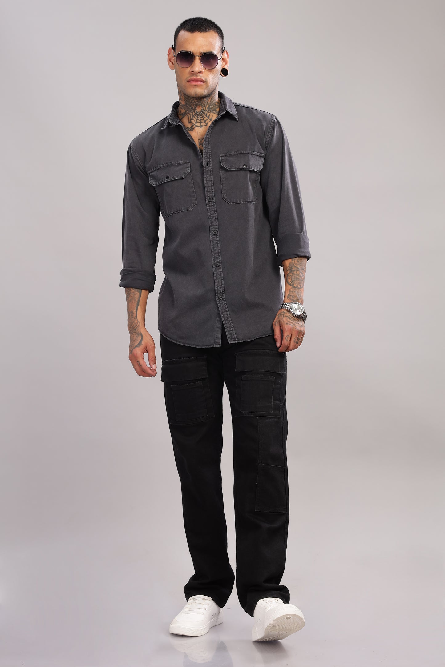 Casual Button Down Shirt with Back side Printed | Dark Grey