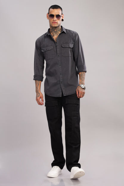 Casual Button Down Shirt with Back side Printed | Dark Grey