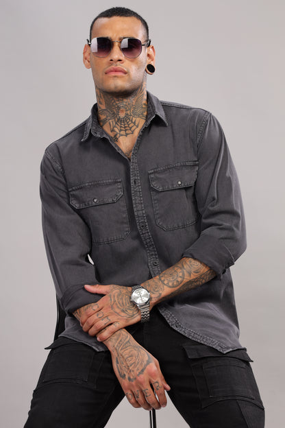 Casual Button Down Shirt with Back side Printed | Dark Grey