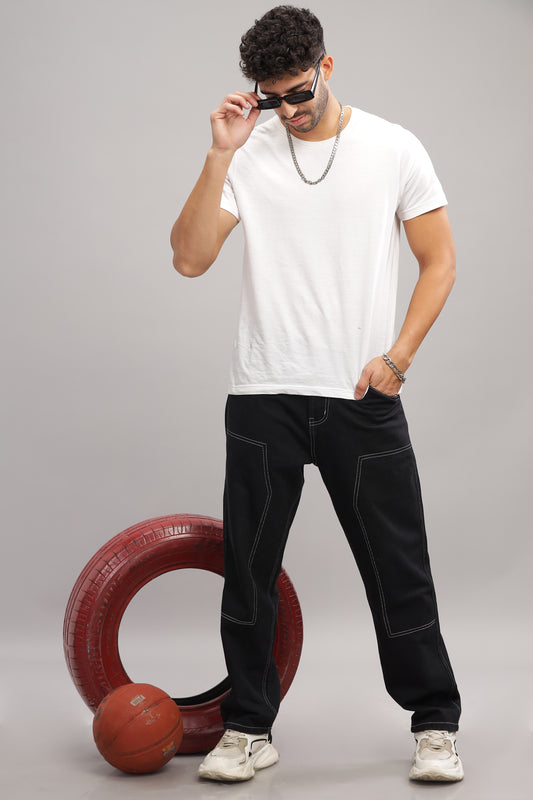 Black Contrast Stitch Baggy Panelled Jeans