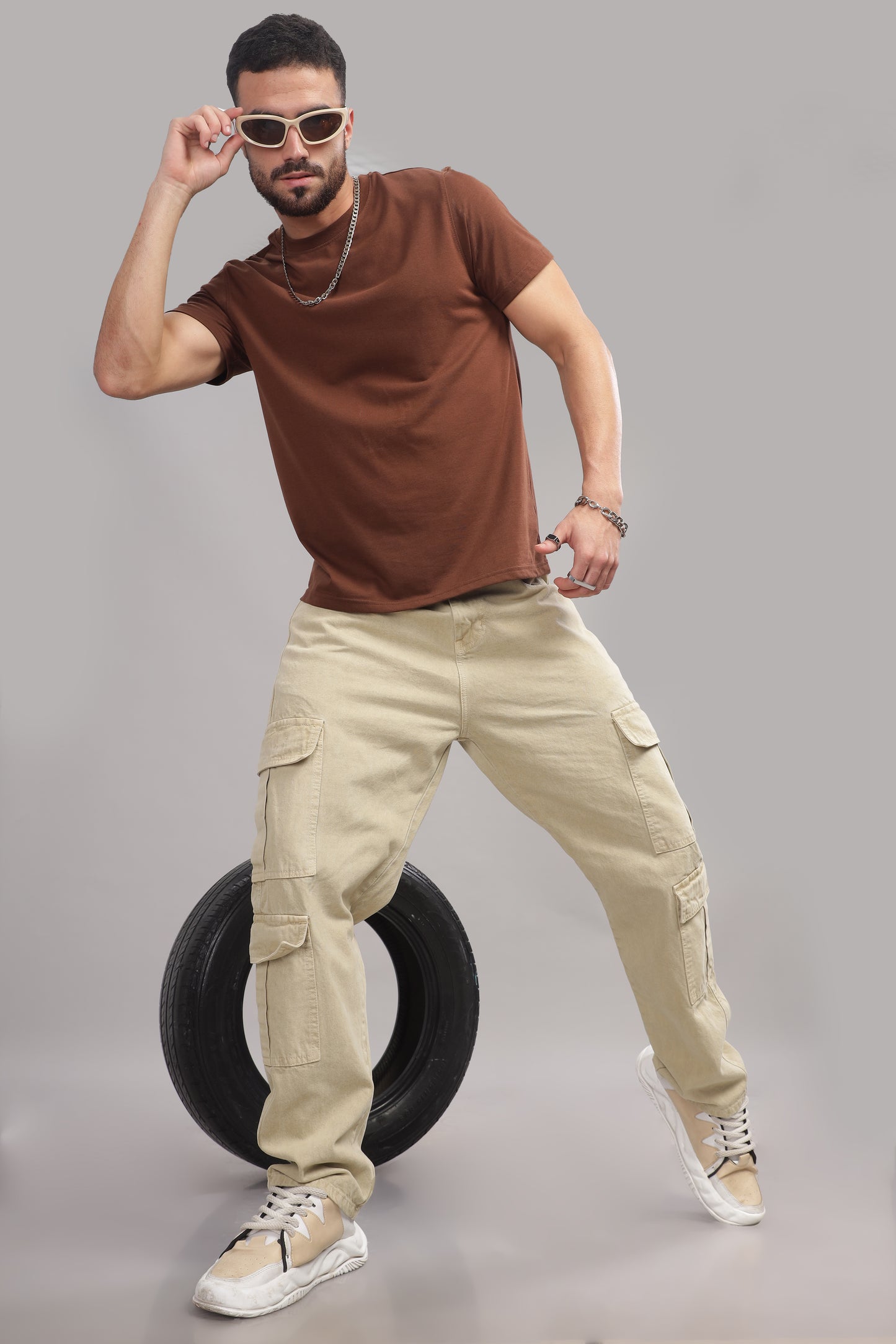 8 Pocket Cargo Denim | Baggy Fit Jeans | Beige