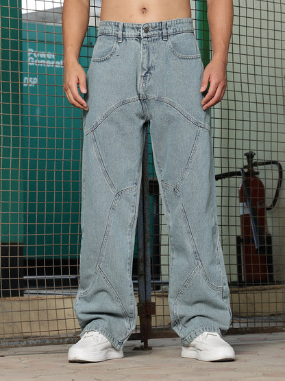 Curved Seam Detail Baggy Jeans – Light Blue Vintage Wash