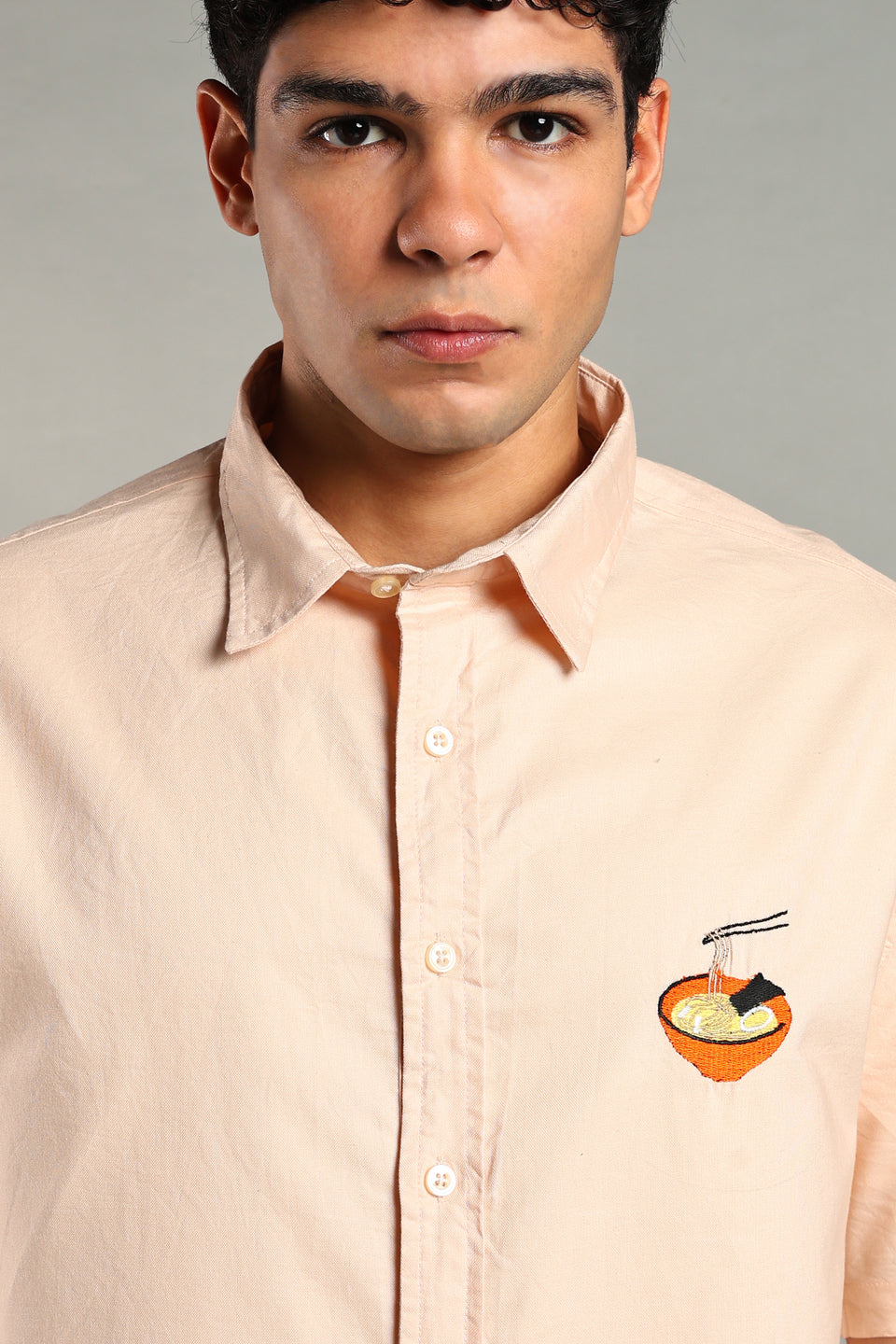 Ramen Noodle Embroidered Boxy Fit Shirt-Peach