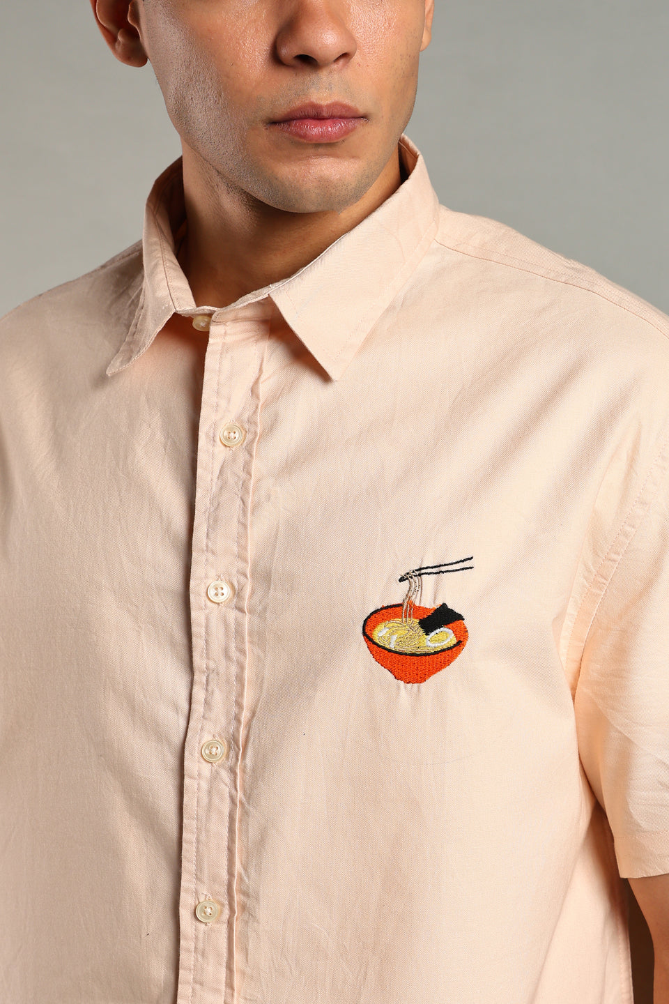 Ramen Noodle Embroidered Boxy Fit Shirt-Peach