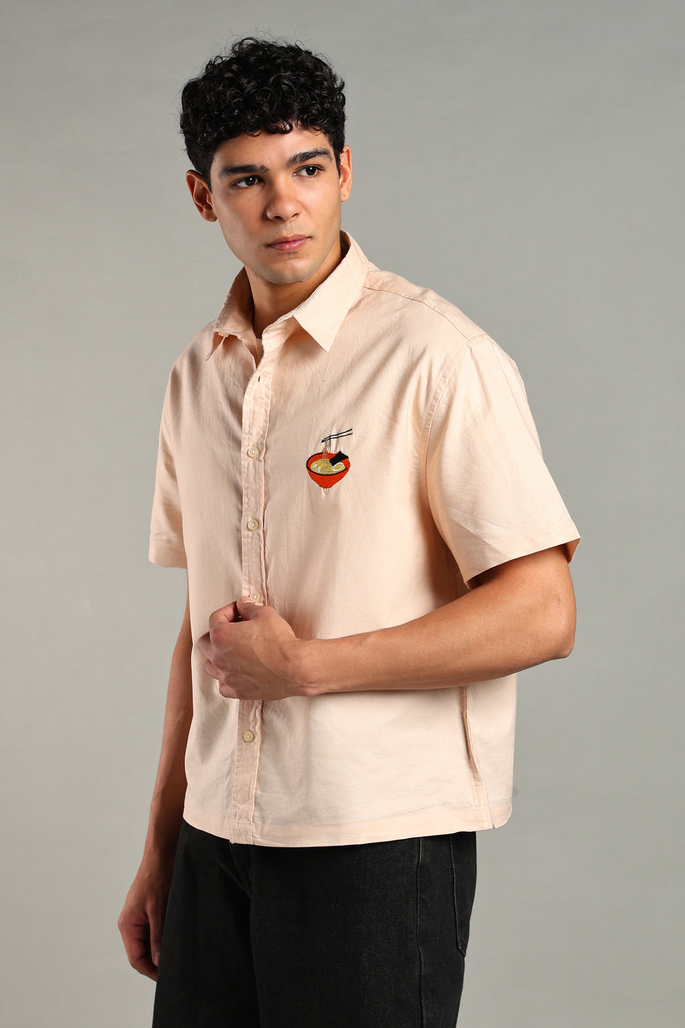 Ramen Noodle Embroidered Boxy Fit Shirt-Peach