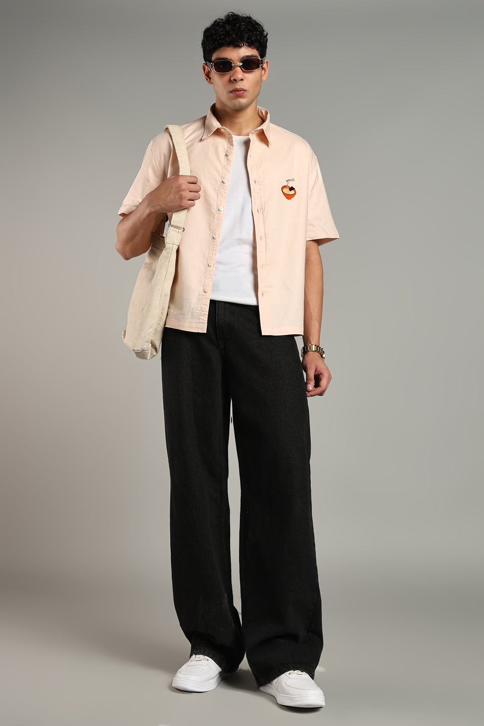 Ramen Noodle Embroidered Boxy Fit Shirt-Peach