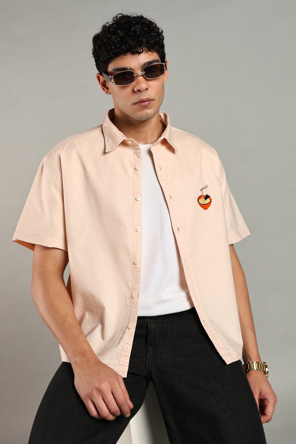 Ramen Noodle Embroidered Boxy Fit Shirt-Peach