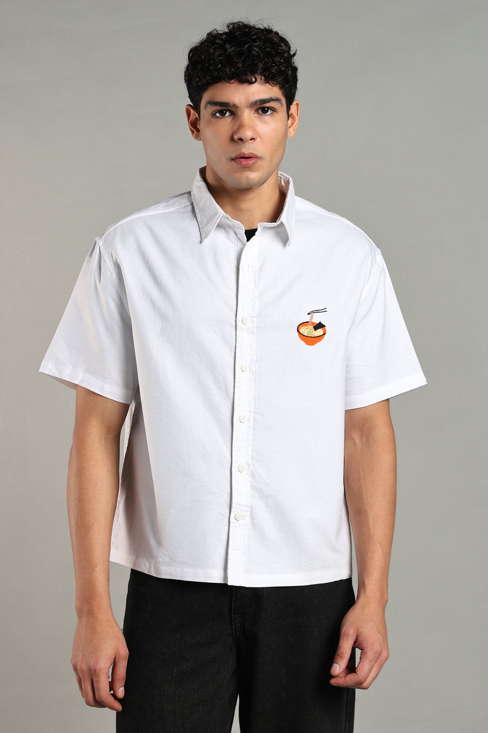 Ramen Noodle Embroidered Boxy Fit Shirt-White