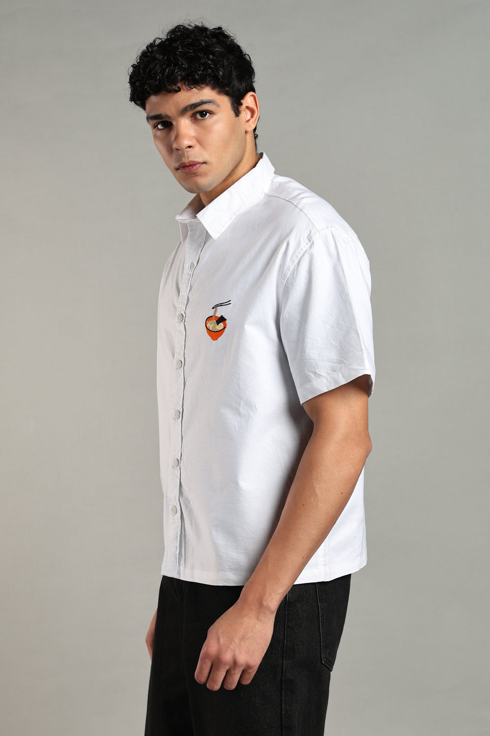 Ramen Noodle Embroidered Boxy Fit Shirt-White