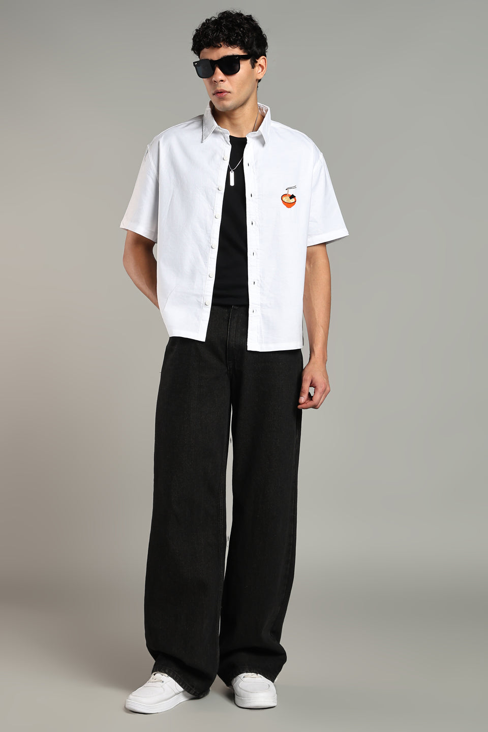 Ramen Noodle Embroidered Boxy Fit Shirt-White
