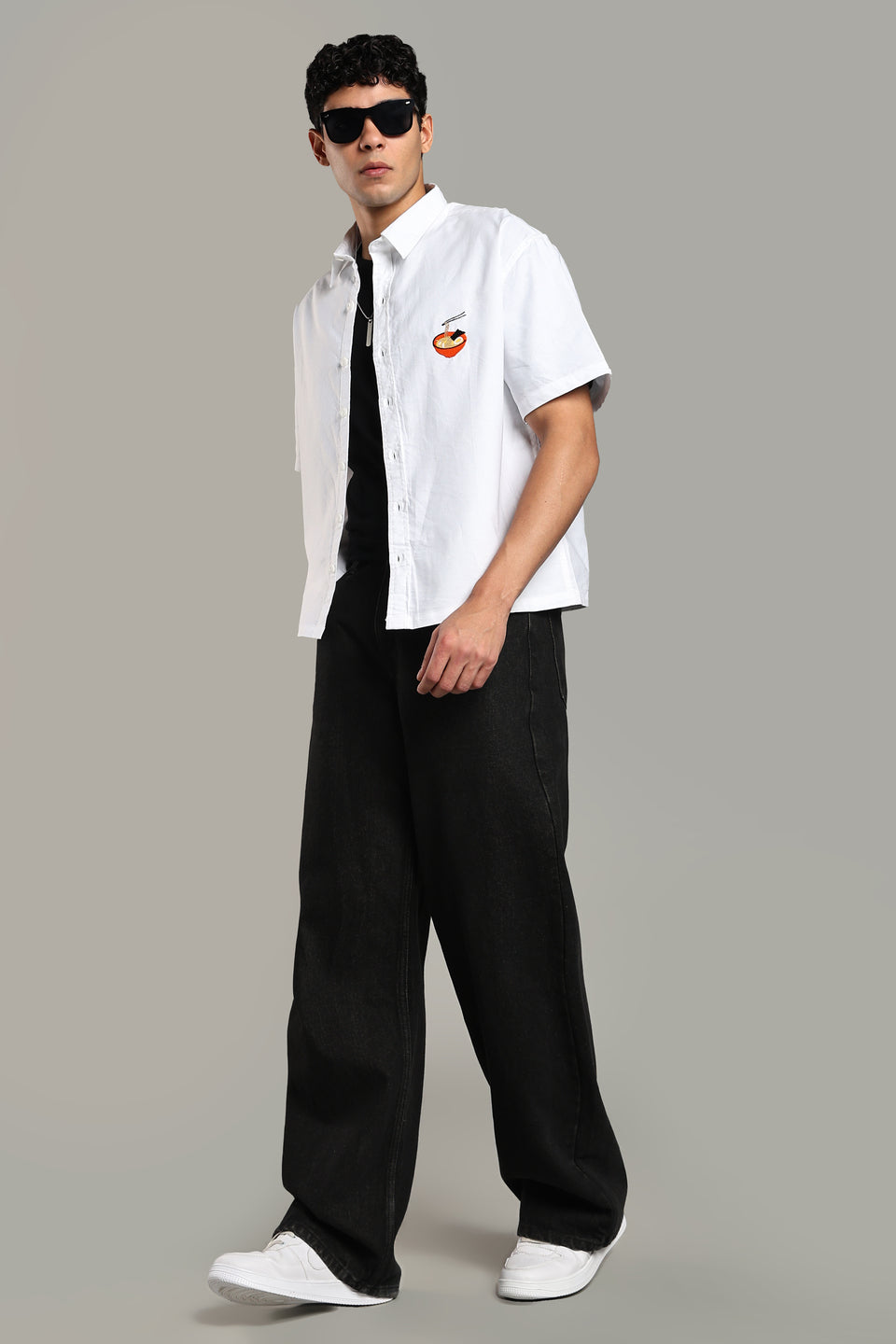 Ramen Noodle Embroidered Boxy Fit Shirt-White