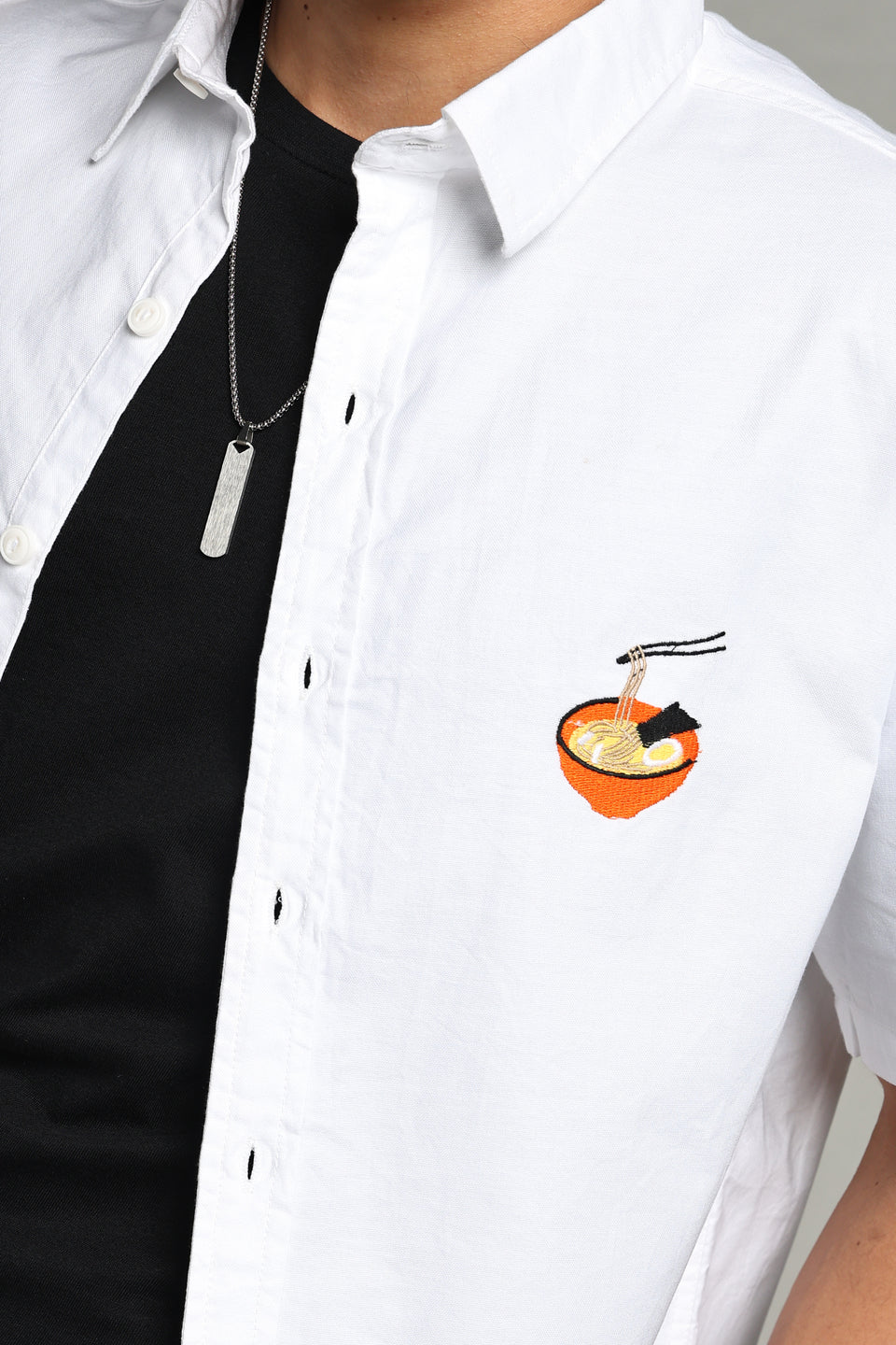Ramen Noodle Embroidered Boxy Fit Shirt-White