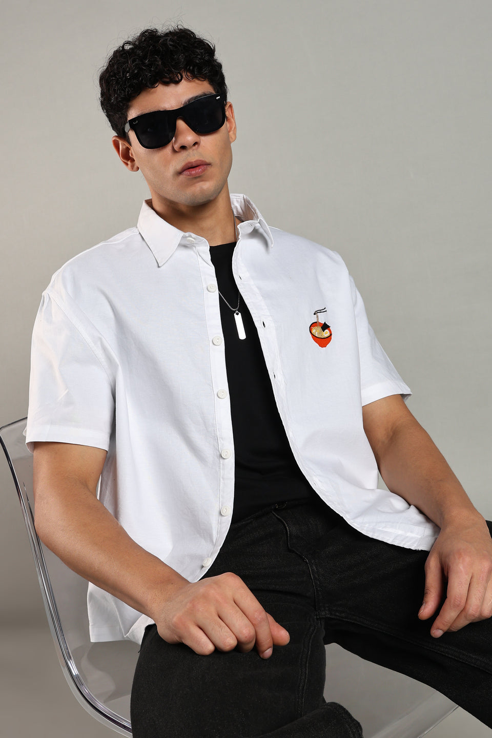 Ramen Noodle Embroidered Boxy Fit Shirt-White