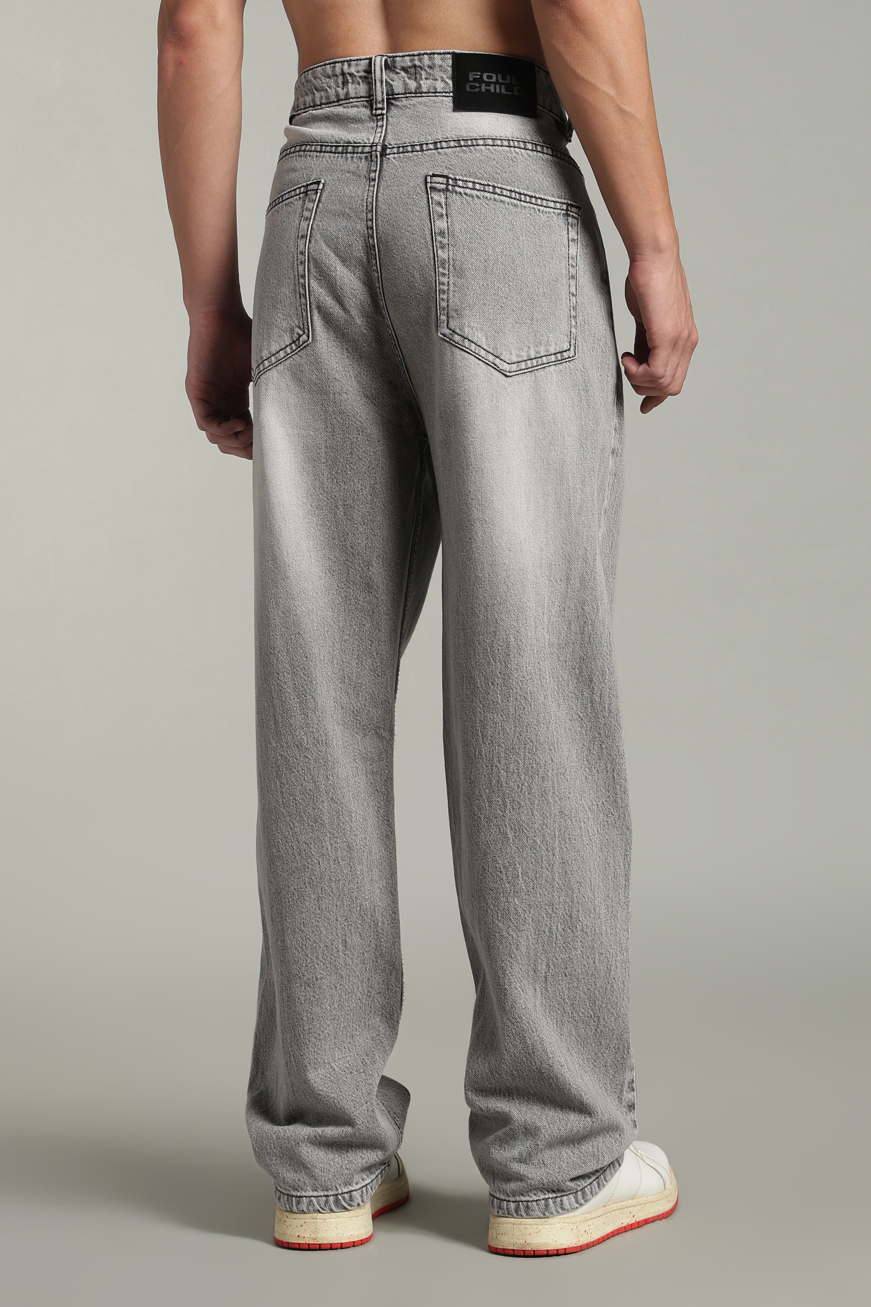 Ash Grey Baggy Fit Jeans with Whisker detailing