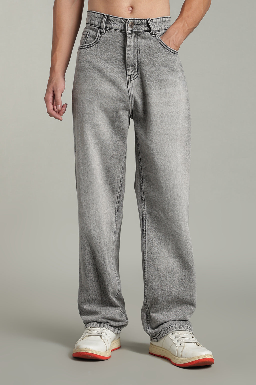 Ash Grey Baggy Fit Jeans with Whisker detailing