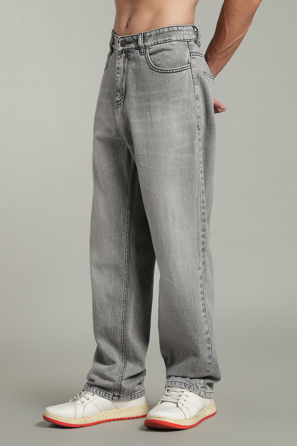Ash Grey Baggy Fit Jeans with Whisker detailing