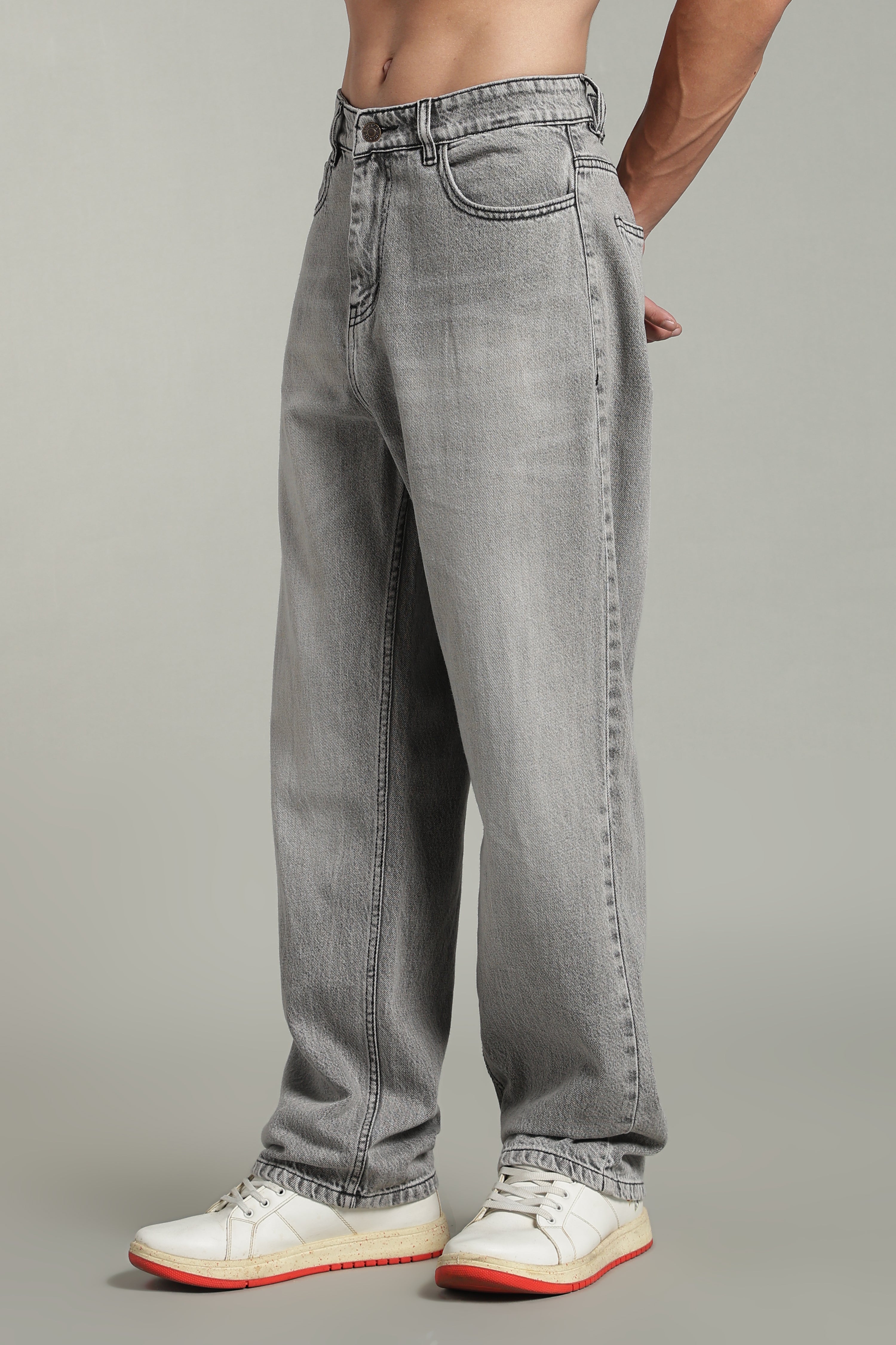 Ash Grey Baggy Fit Jeans with Whisker detailing