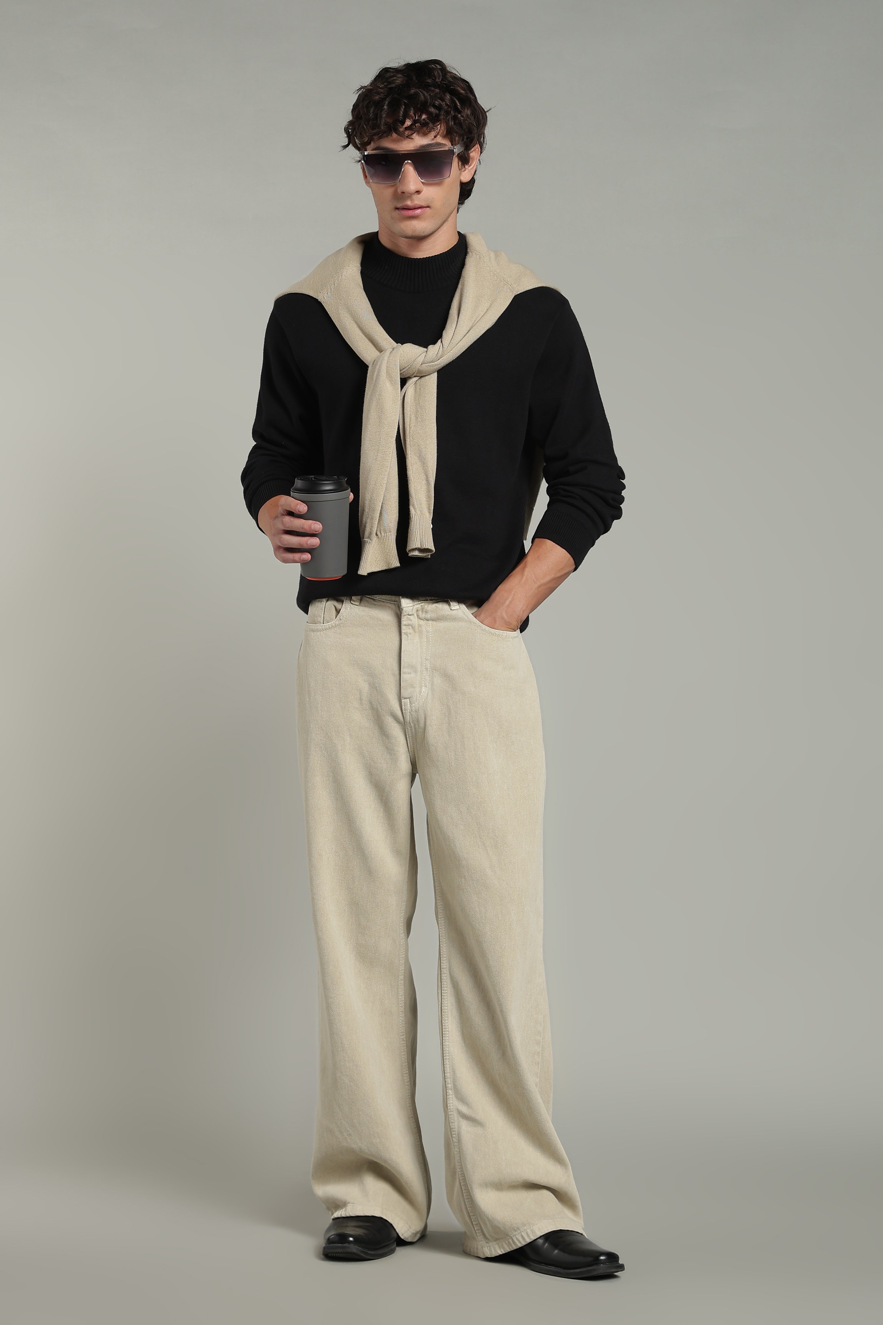 Wide Leg Ecru Jeans- Beige