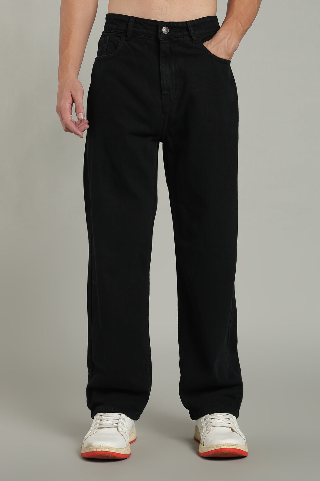 Plain Baggy Ecru Black Jeans