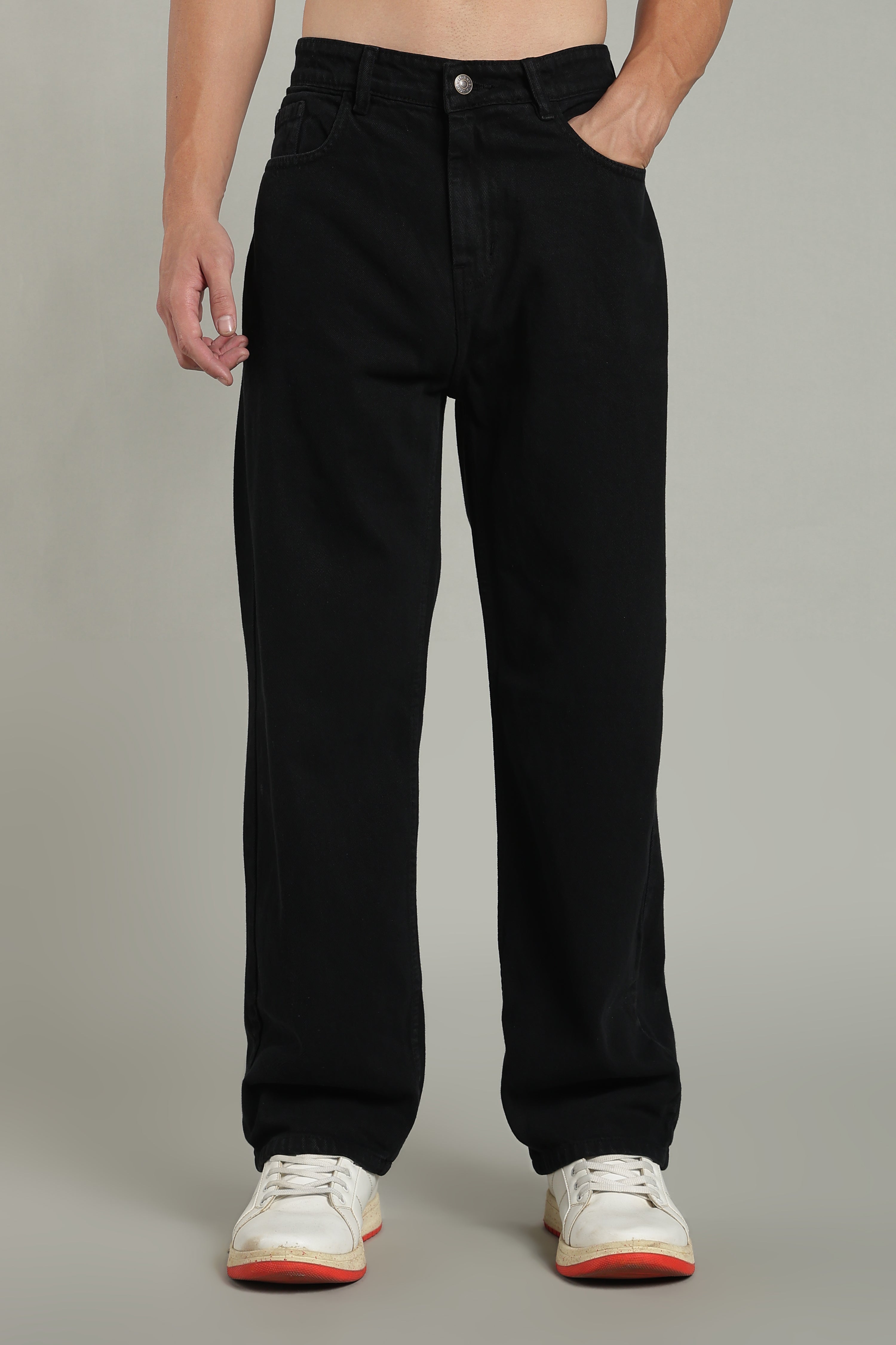 Plain Baggy Ecru Black Jeans