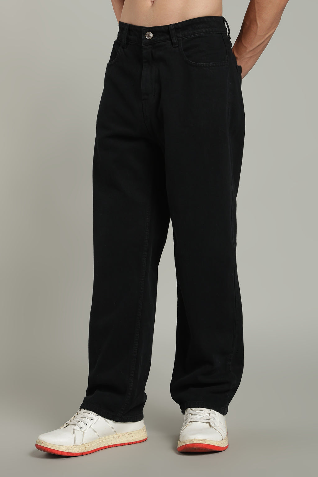 Plain Baggy Ecru Black Jeans