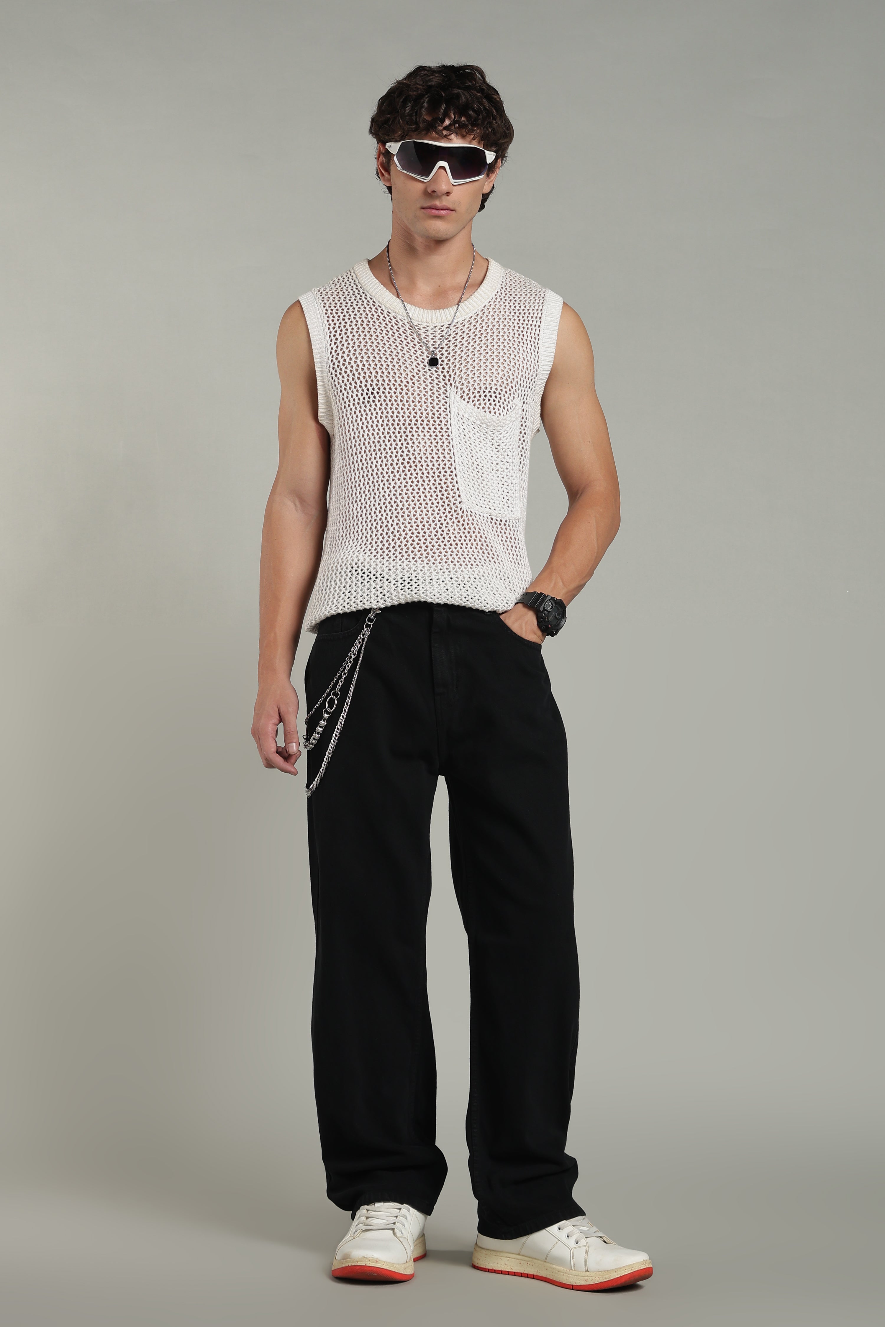 Plain Baggy Ecru Black Jeans