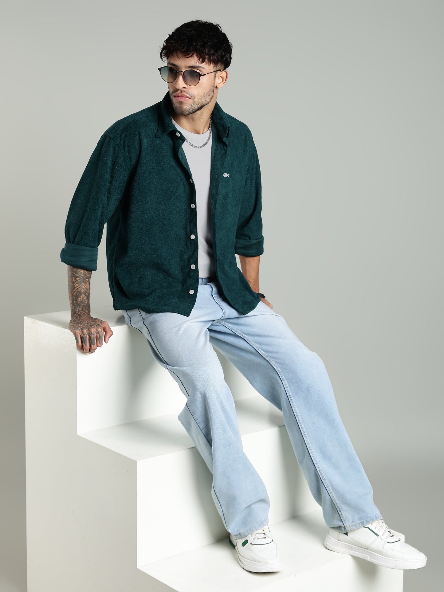 Green Soft Textured Shirt-Relaxed Fit