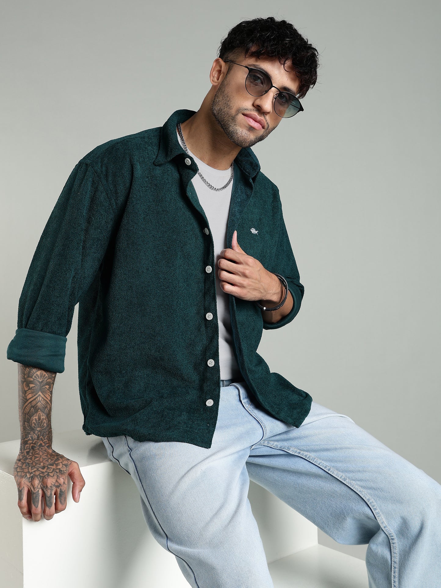 Green Soft Textured Shirt-Relaxed Fit
