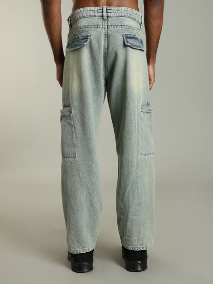 Vintage Wash baggy Cargo Jeans with Washed Fade