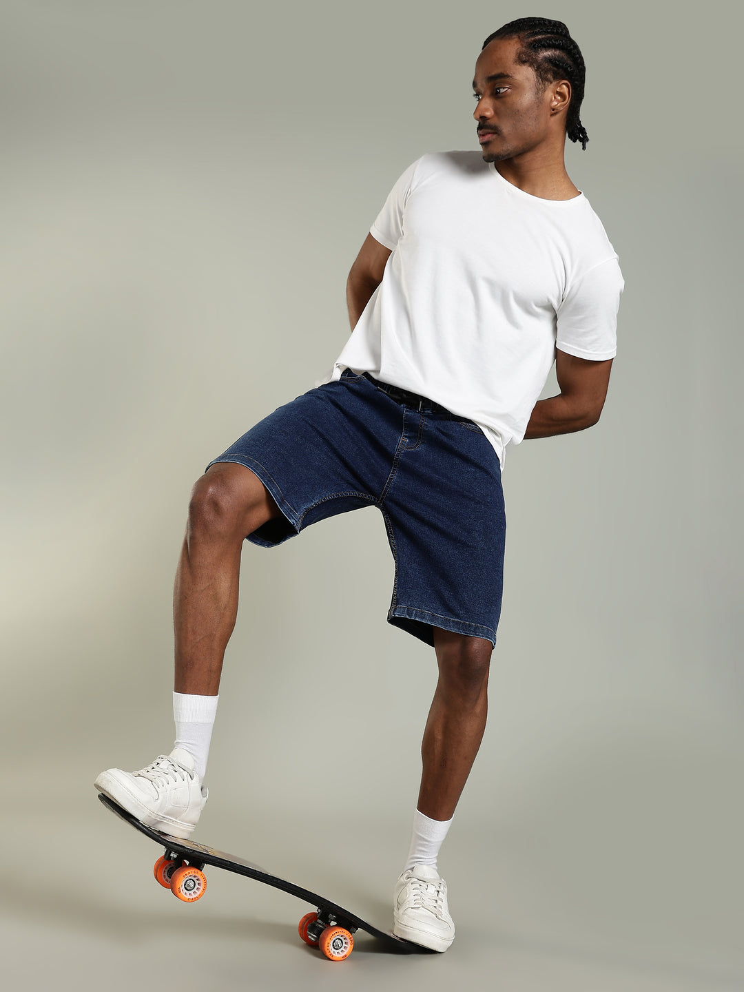 Elastic Waist Denim Shorts – Mid Wash Blue