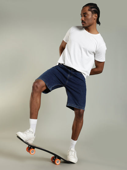 Elastic Waist Denim Shorts – Mid Wash Blue