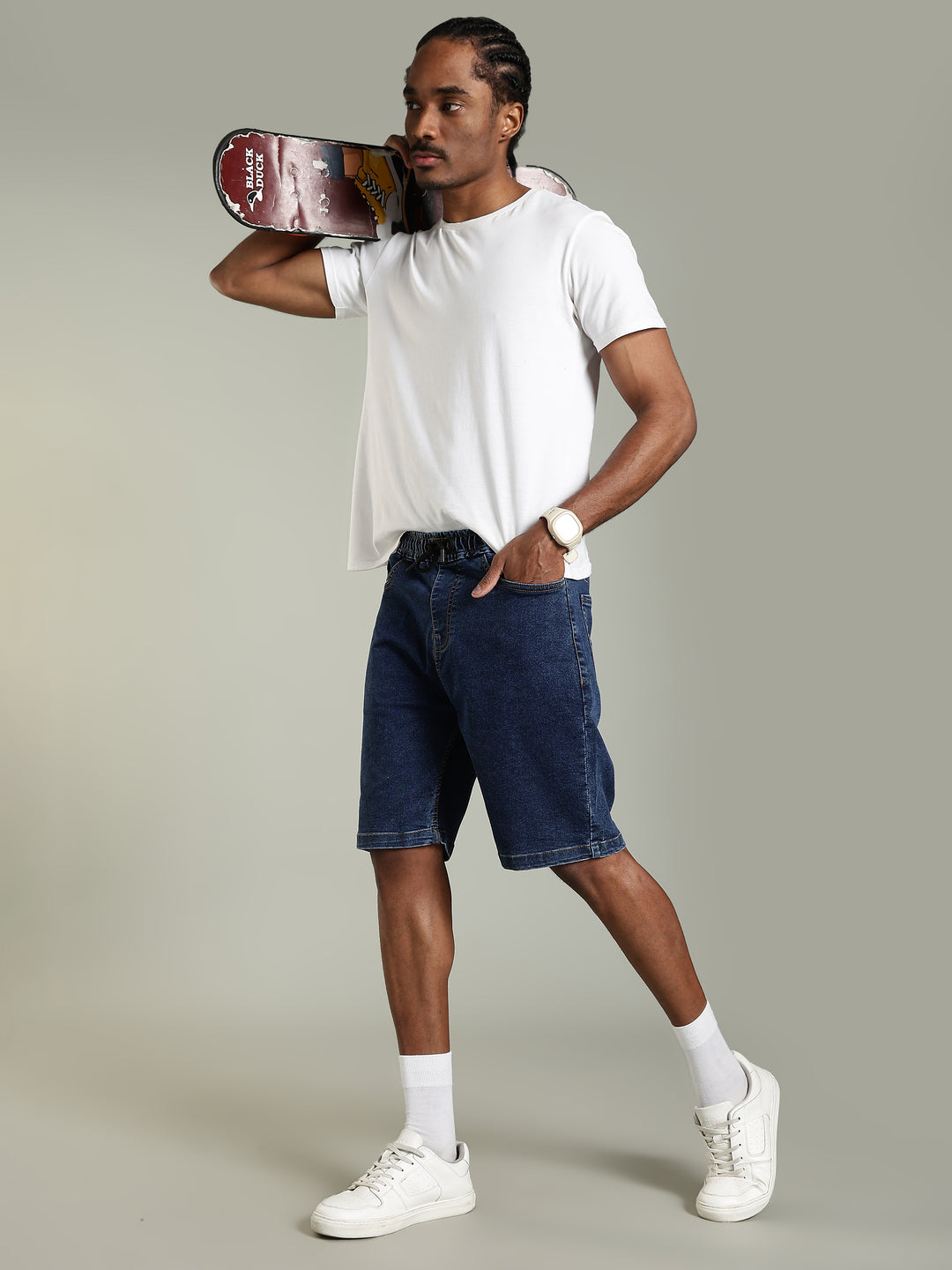 Elastic Waist Denim Shorts – Mid Wash Blue