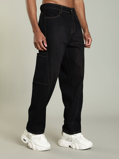 Black Baggy Fit Seam-Detail Jeans