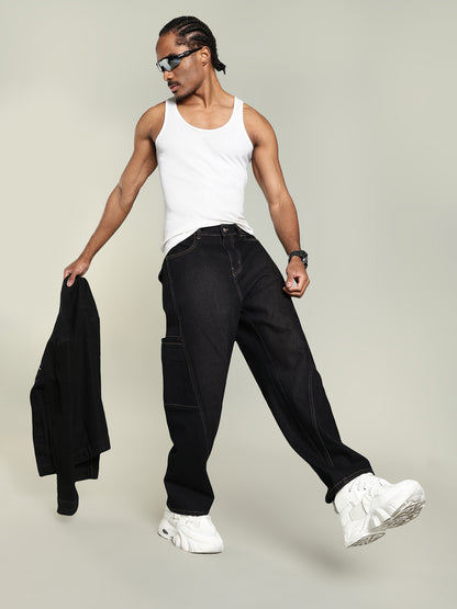 Black Baggy Fit Seam-Detail Jeans