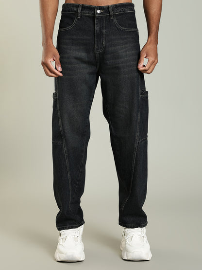Black Baggy Jeans with Green Tint & Whisker Details