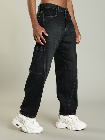 Black Baggy Jeans with Green Tint & Whisker Details