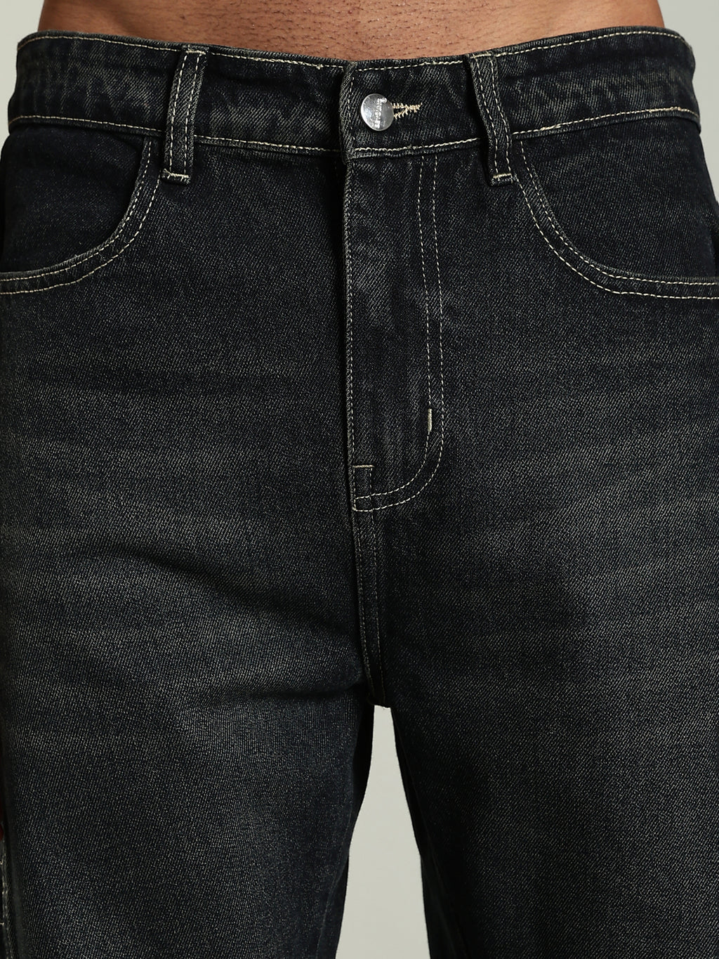 Black Baggy Jeans with Green Tint & Whisker Details