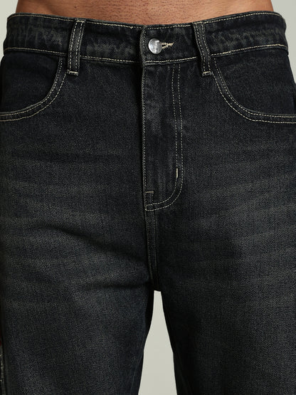 Black Baggy Jeans with Green Tint & Whisker Details