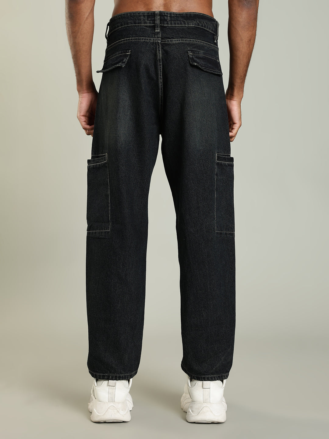 Black Baggy Jeans with Green Tint & Whisker Details