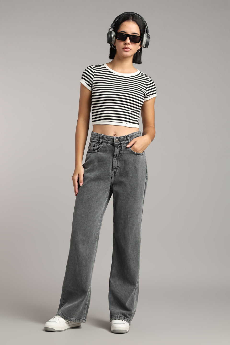 Women's Ecru Charcoal Wide Leg Jeans