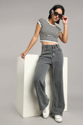 Women's Ecru Charcoal Wide Leg Jeans