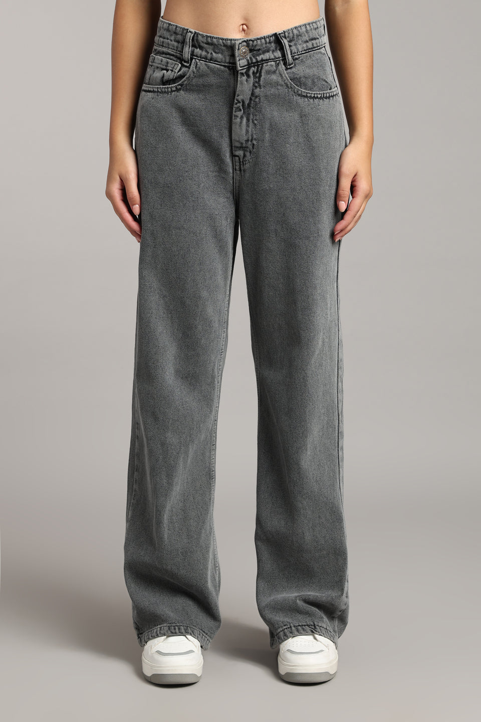 Women's Ecru Charcoal Wide Leg Jeans