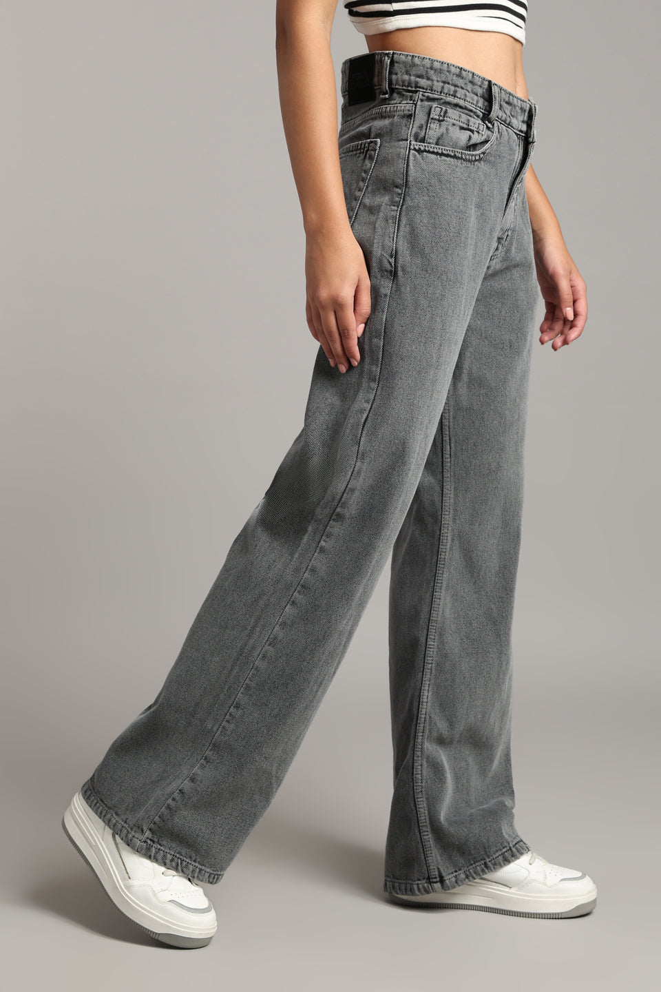 Women's Ecru Charcoal Wide Leg Jeans